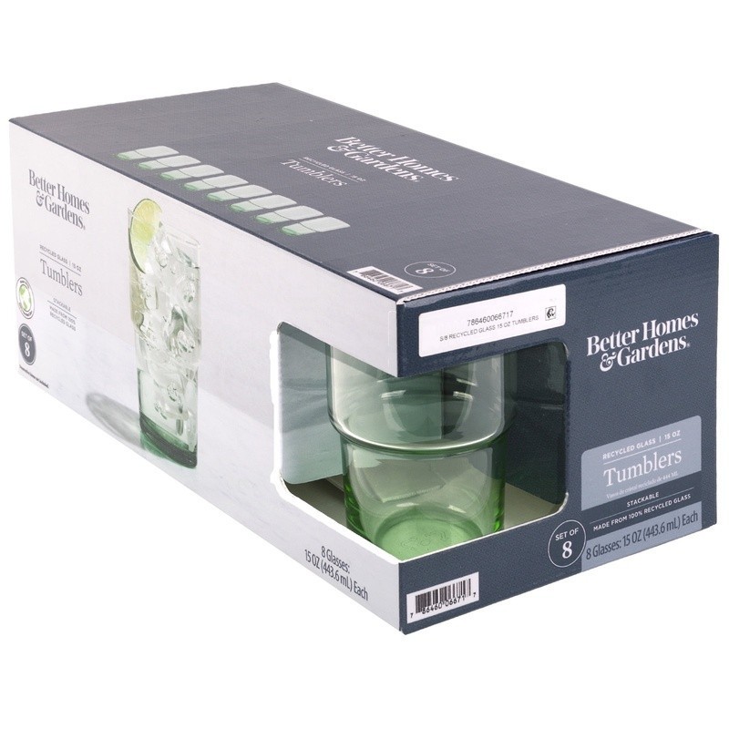 Clear Green Glassware 8 Pack 15oz Stackable Recycled Dishwasher Safe Drinkware