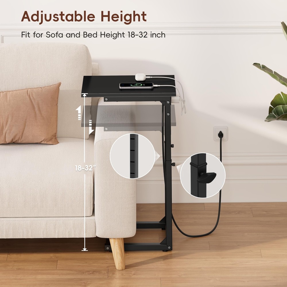 C Shaped End Table with Charging Station, 33"Tall C-Table End Table Adjustabl...
