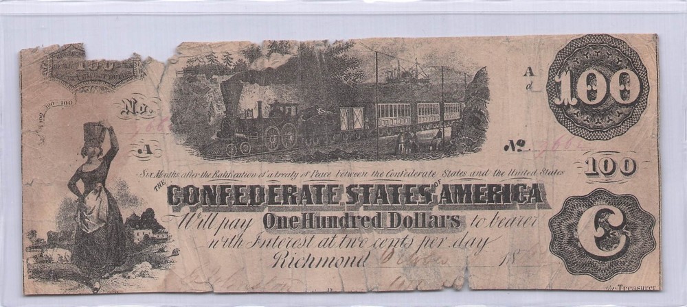 1863  $100 Slave Note Confederate Note $79.95