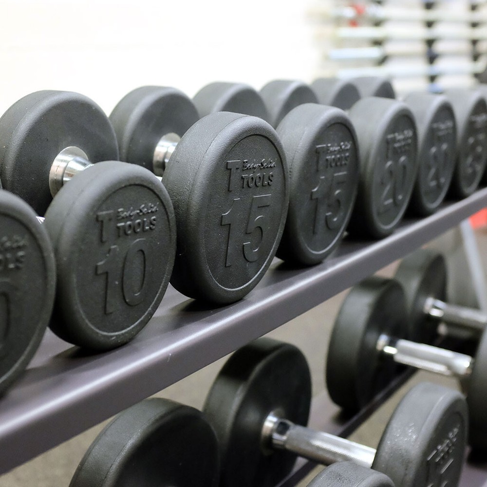 Body-Solid 5-40 lb. Round Rubber Dumbbell Package with Rack