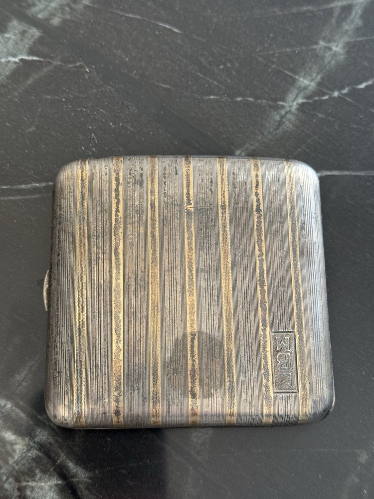 Solid Sterling Silver & 14K Gold Inlay Antique Cigarette Case 90 Grams