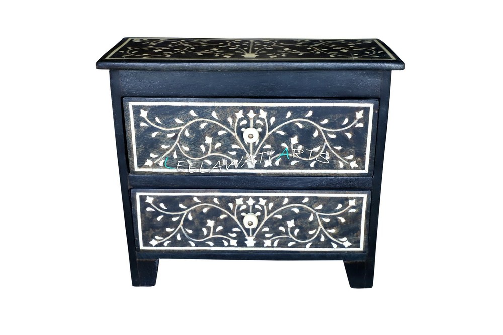 Wood inlay bedside 2 drawer bone inlay bedside