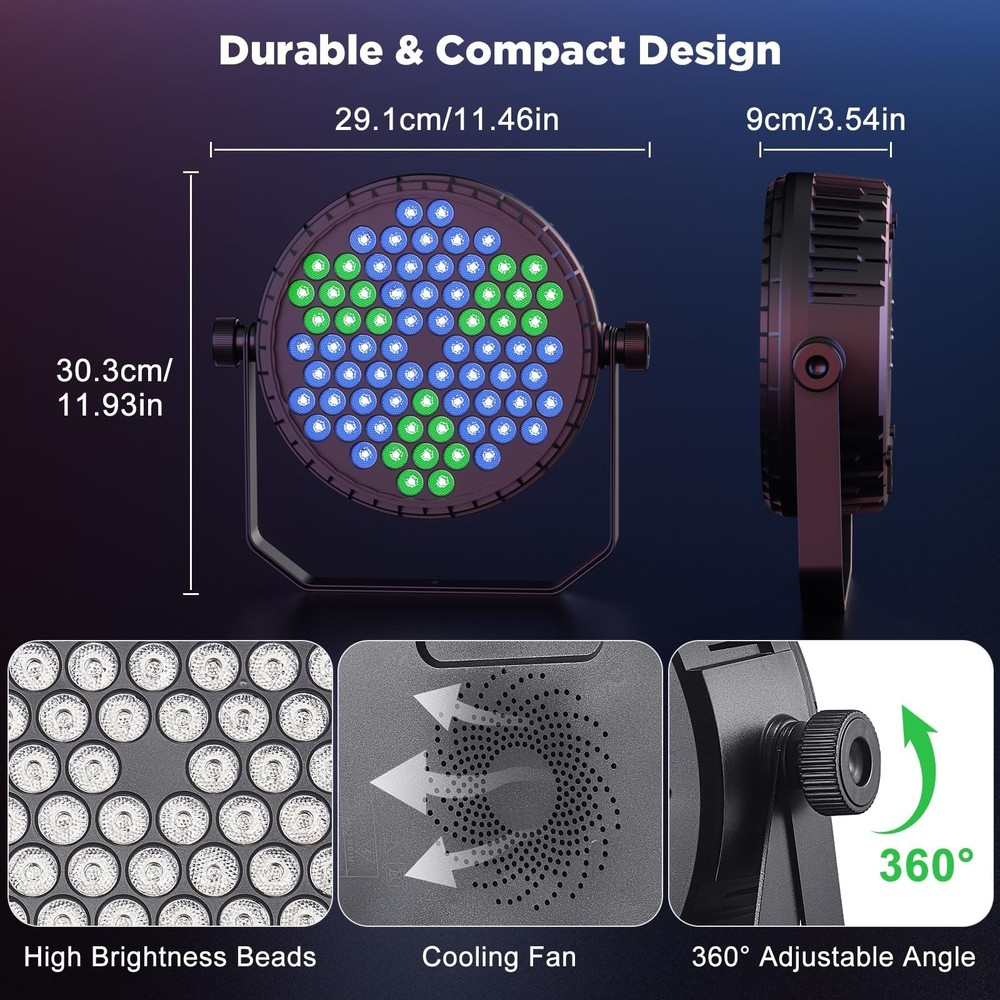 Stage Par Lights, 72 LEDs RGB Par Can Uplights with Dynamic Vortex Stage Effe...