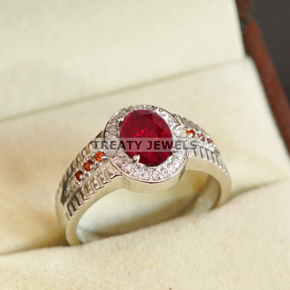 Ruby Oval Cut With 14K Solid White Gold Ring For Men's #B522