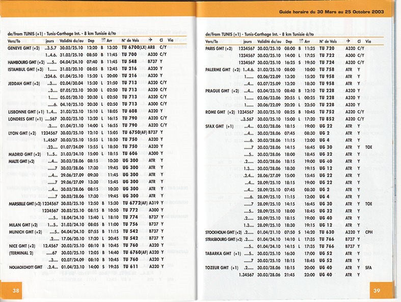 TunisAir timetable 2003/03/30