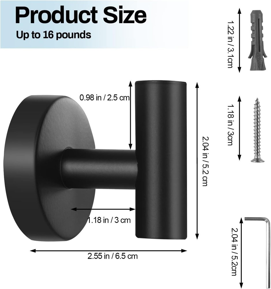 2 Pack Towel Hooks Bathroom Kitchen Wall Mount Black Matte Robe Coat Hook Holder