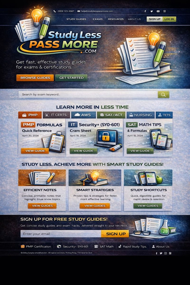 StudyLessPassMore.com – Exam Prep, Study Guides & Learning Brand Domain