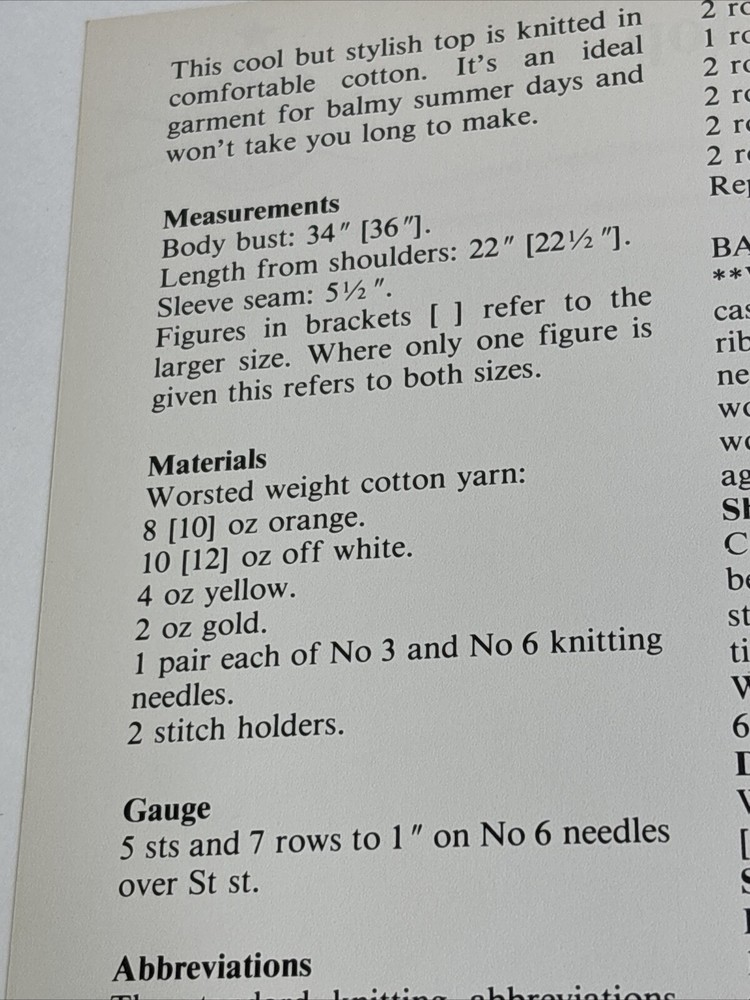 Striped Cotton Top Women's Knitting Pattern Card