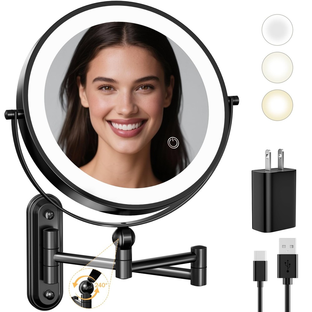 Rechargeable Wall Mounted Lighted Makeup Mirror, 8 Inch Double-Sided LED Vani...