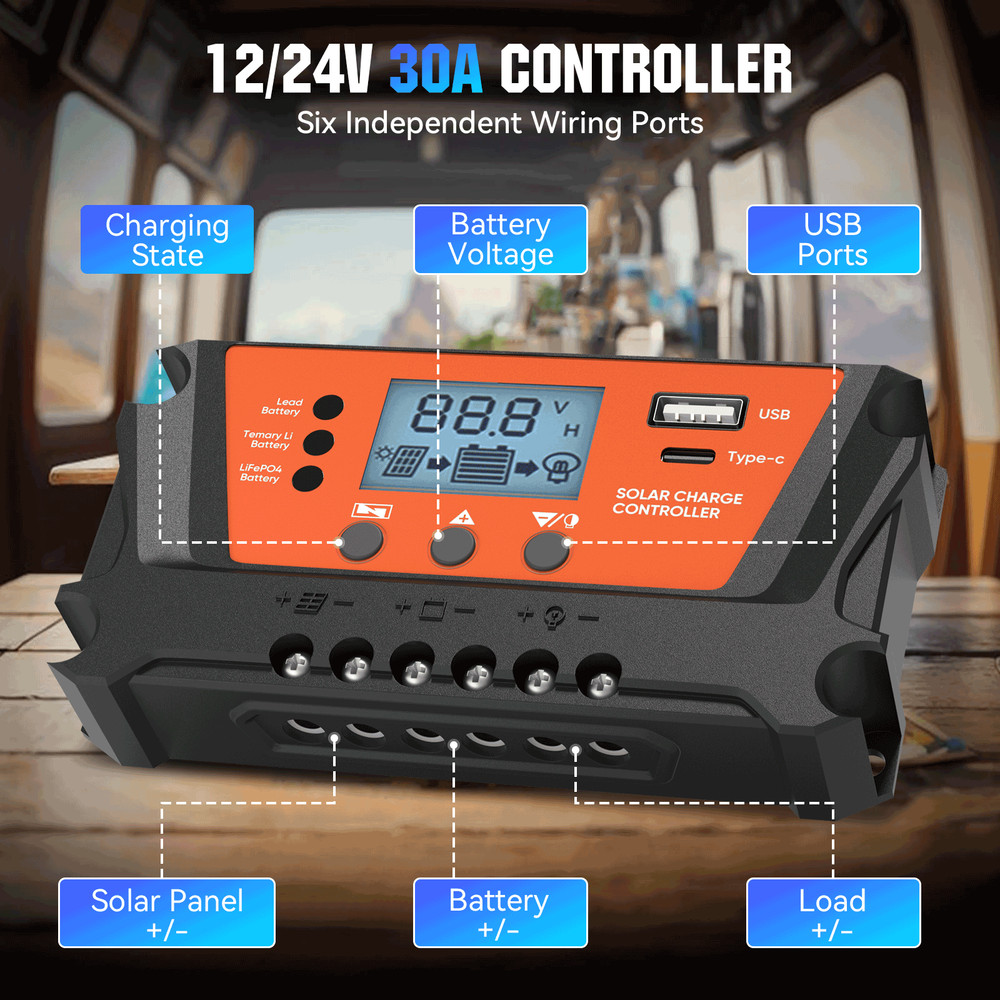 30 Solar Panel Battery Charge Controller 12V/24V USB Type-C Auto Regulator LCD