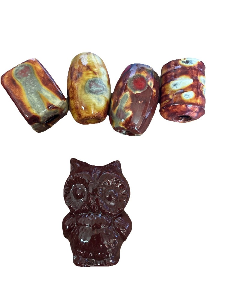 Vintage 5 Macrame Ceramic Beads 1 Owl