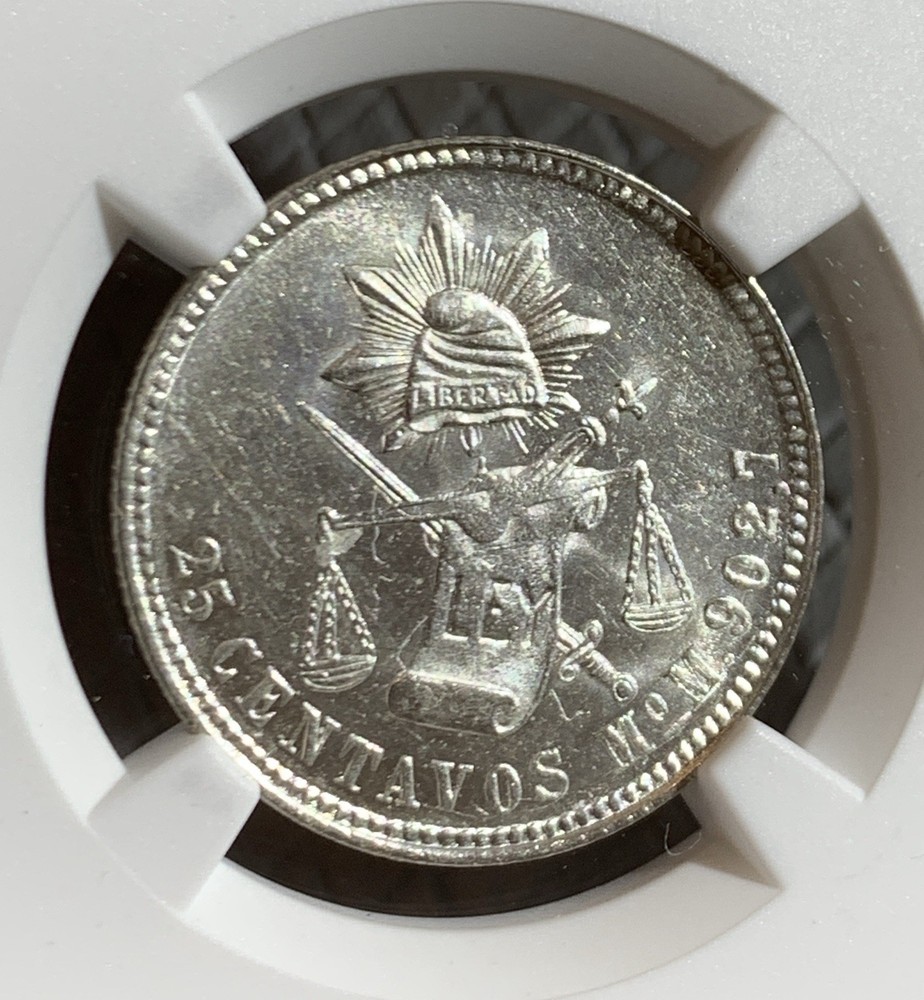 1886 MEXICO 25 CENTAVOS SILVER COIN NGC MS64