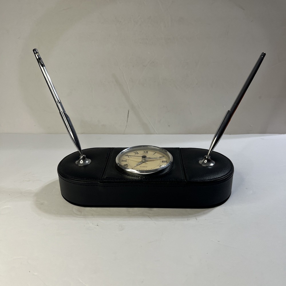 Leather Desk Clock & 2 Pens Leather Wrapped