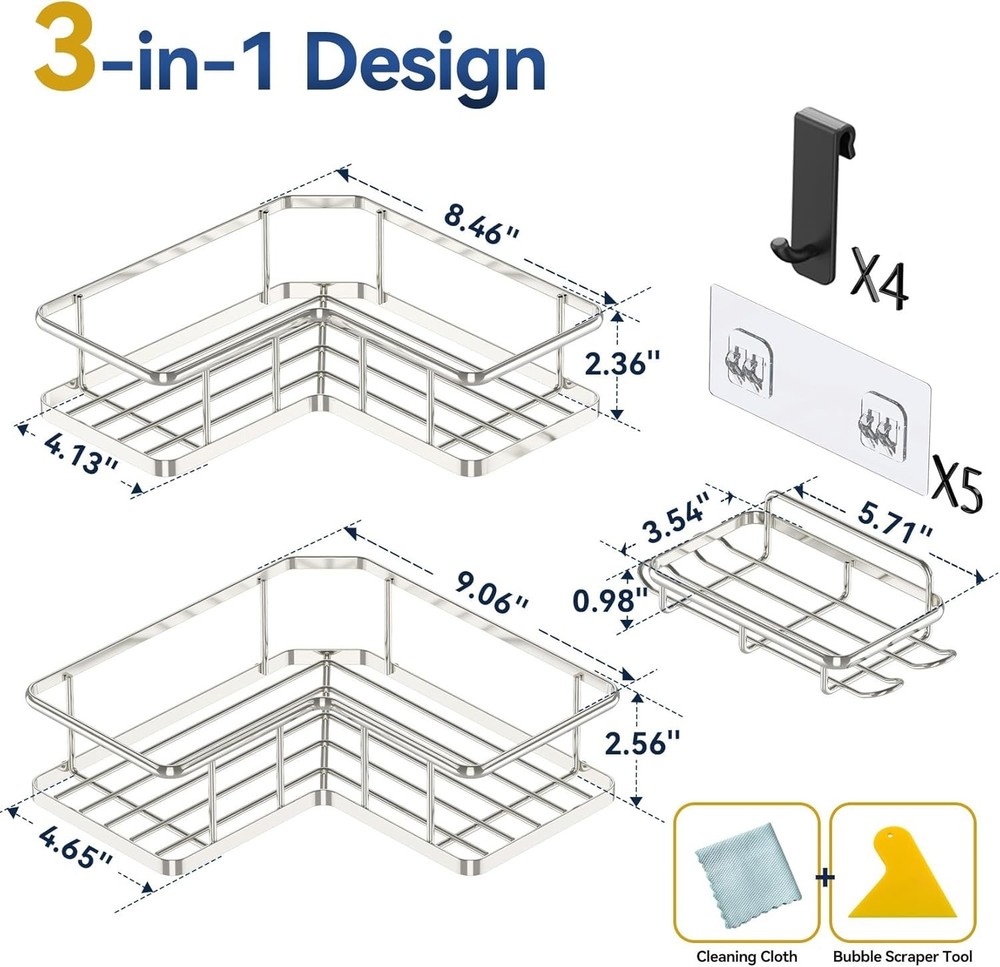 Corner Shower Caddy Organizer, 3-Pack Self-Adhesive Rustproof Bath Shelves wi...