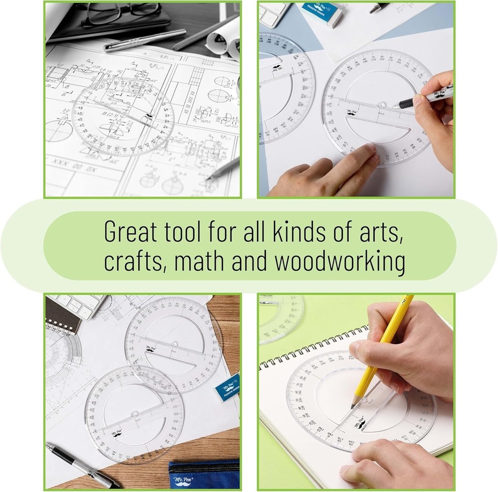 Math Geometry Protractor Set - 2 360-Degree Protractors in Clear Plastic