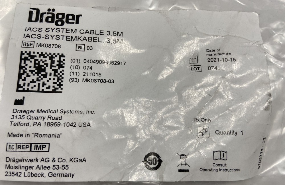 Dräger IACS System Cable 3.5M (MK08708)