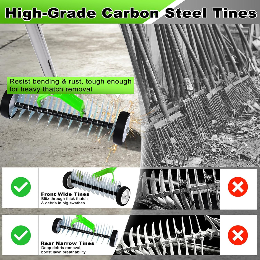 Heavy-Duty Rolling Thatch Rake with Wheels - 15.28" Steel Dethatcher Tool