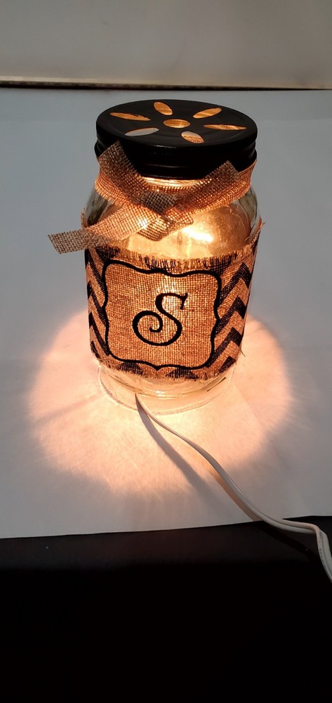 Mason Jar Night Light Rustic Burlap Farmhouse Decor Monogram Letter S Initial