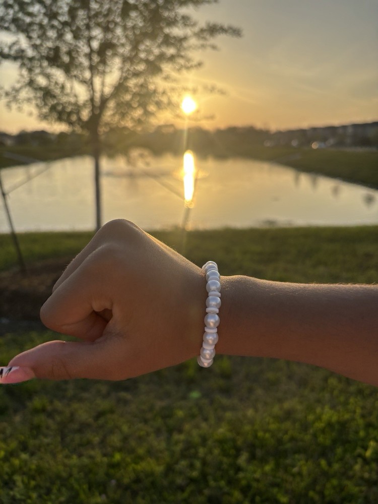 white clay bead bracelet with white pearls