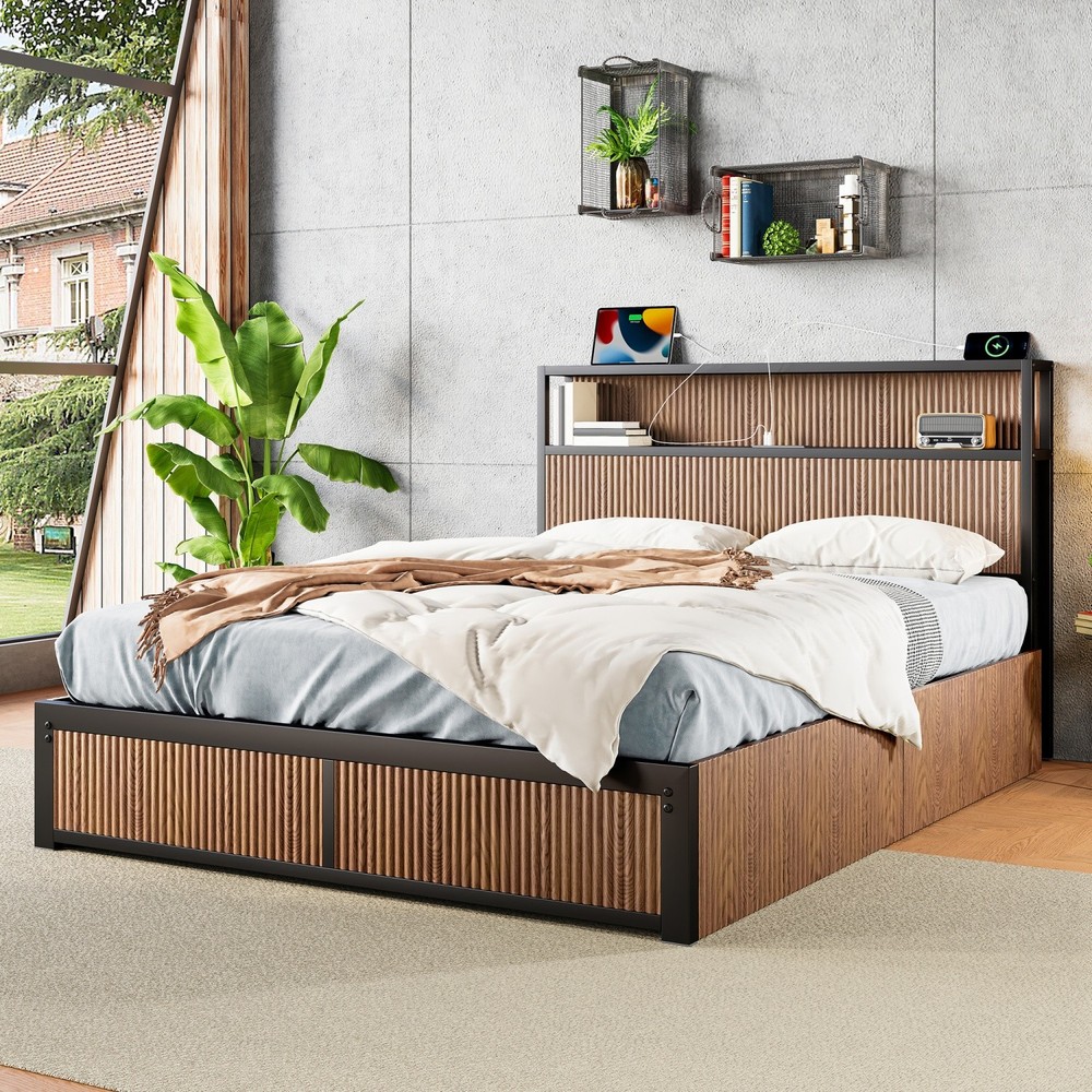 Queen Size Platform Bed Frame w/ 4 Drawers & Storage Headboard & USB Ports