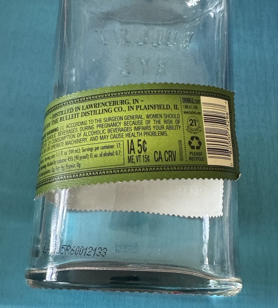 Empty Clear Glass 750ml Bulleit Rye Frontier Whiskey Bottle W/cap