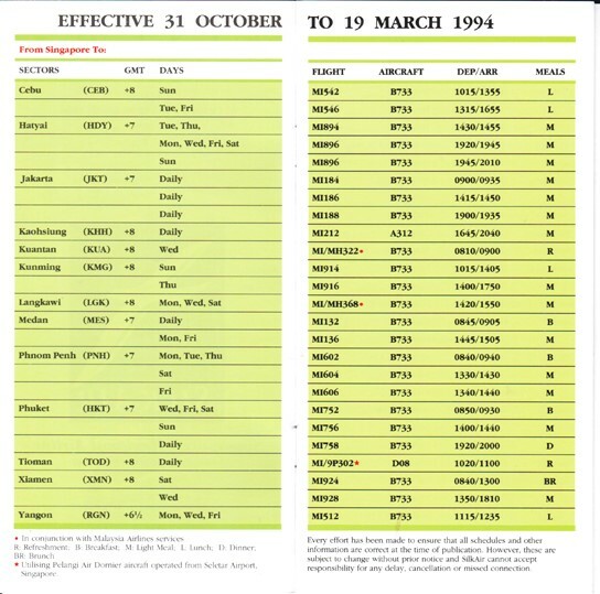 SilkAir timetable 1993/10/31
