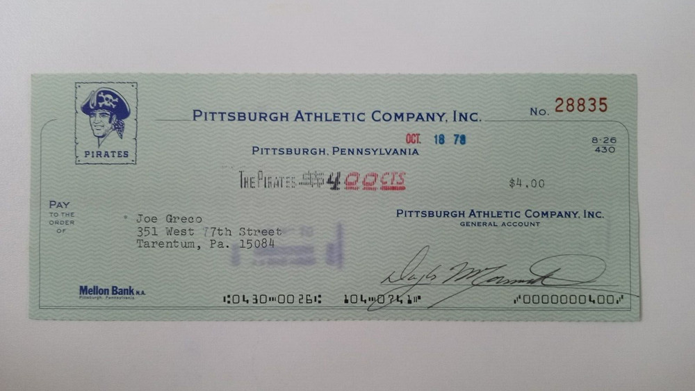 Joe Greco: 1978 Pittsburgh Pirates Expense Check