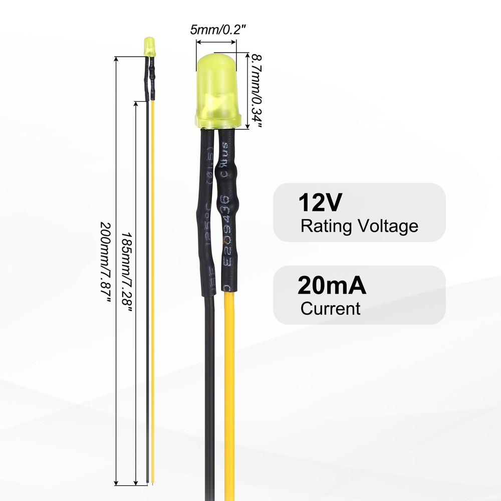 50pcs 5mm LED Diode Lights, Yellow Light DC 12V for Electronics