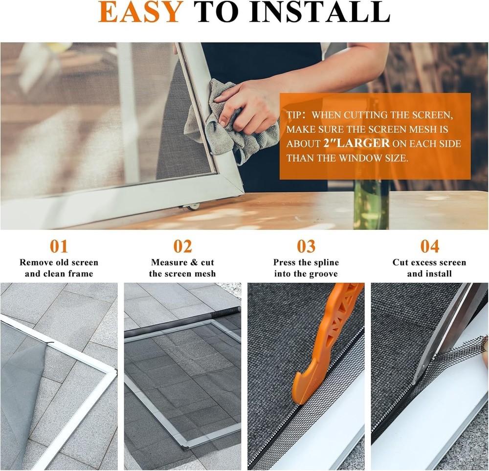 Customizable Window & Door Screen Replacement Kit, Easy Install & 65.6 FT Spline
