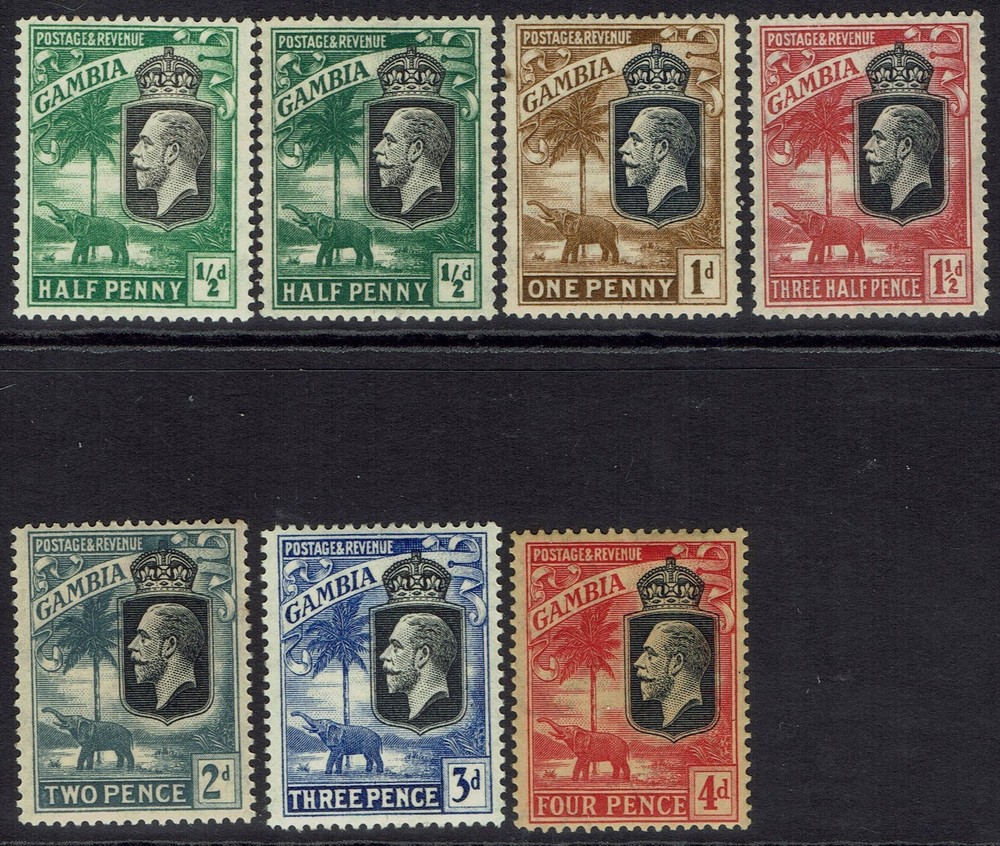 GAMBIA 1922 KGV ELEPHANT RANGE TO 4D +½D SHADE WMK MULTI SCRIPT CA