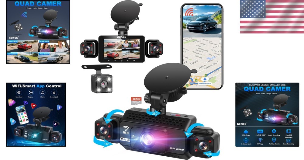 360° View 4 Channel Dash Cam 2K Front Rear Inside G-Sensor