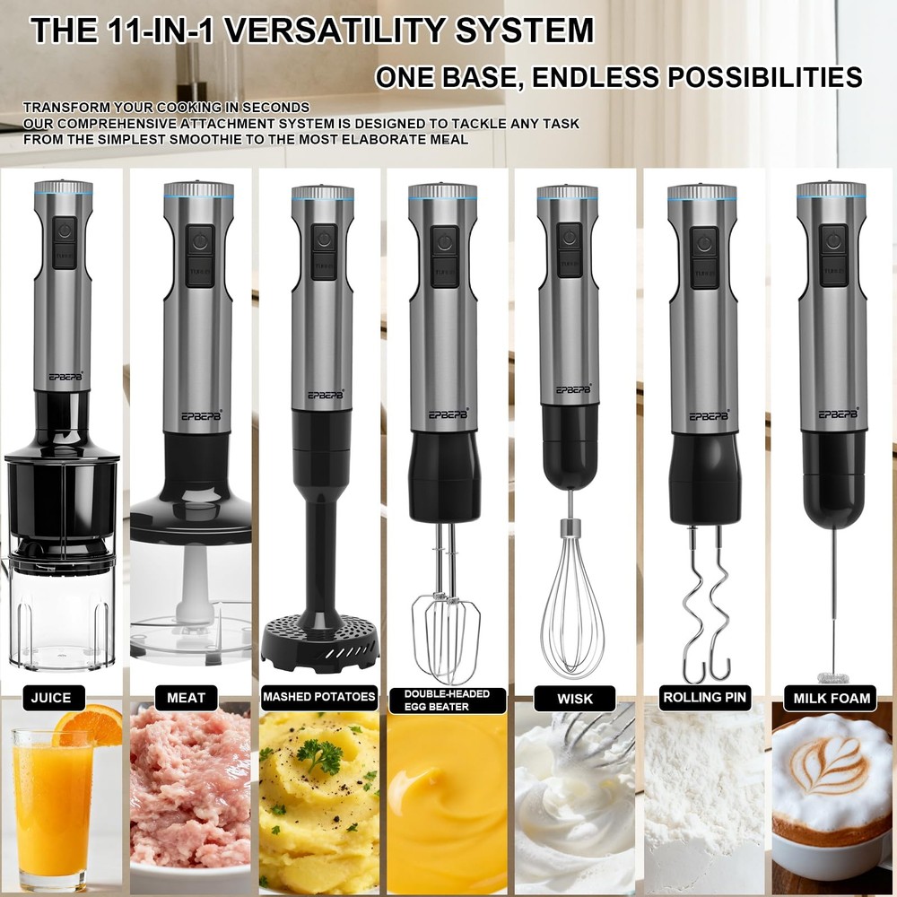 Handheld Immersion Blender Bundle, 1000W Powerful 11-in-1 Set for Smoothies,O...