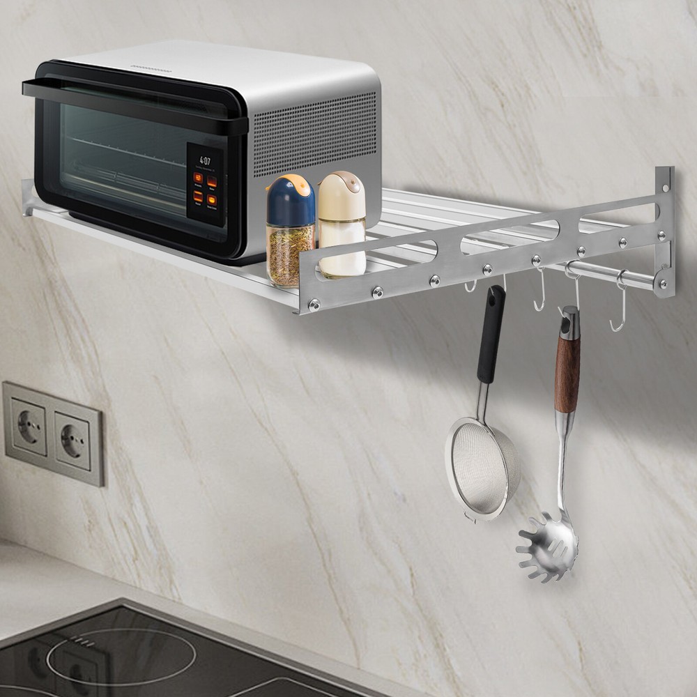 Stainless Steel Wall-Mounted Microwave Oven Shelf w/12 Hooks for Kitchen Storage