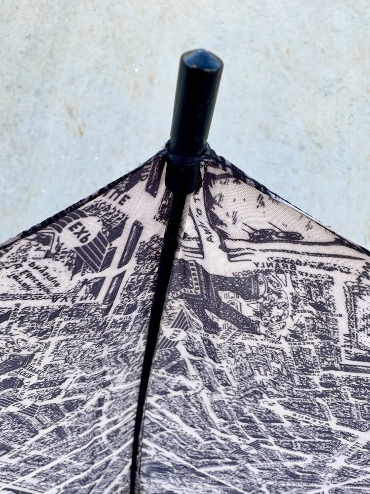 Paris Map Umbrella Grey Mauve Black Eiffel Tower Wood Handle