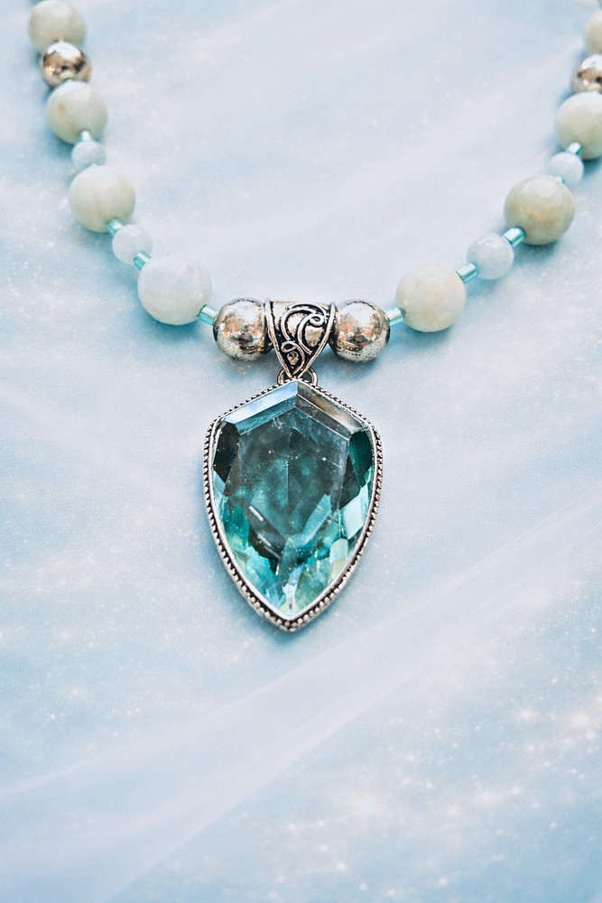 Handmade Amazonite Choker With Lab Created Blue Topaz, Pendant .