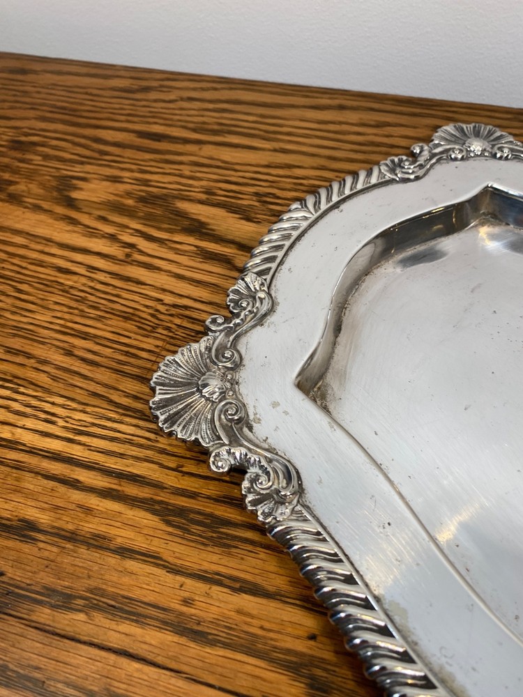 ANTIQUE 19TH C SHELL FORM FRAMED RECESSED SILVER PLATE TRAY DISH