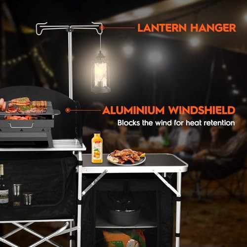 Cmaping KitchenTable, Aluminum Folding Camping Cook Black With Three Cupboard