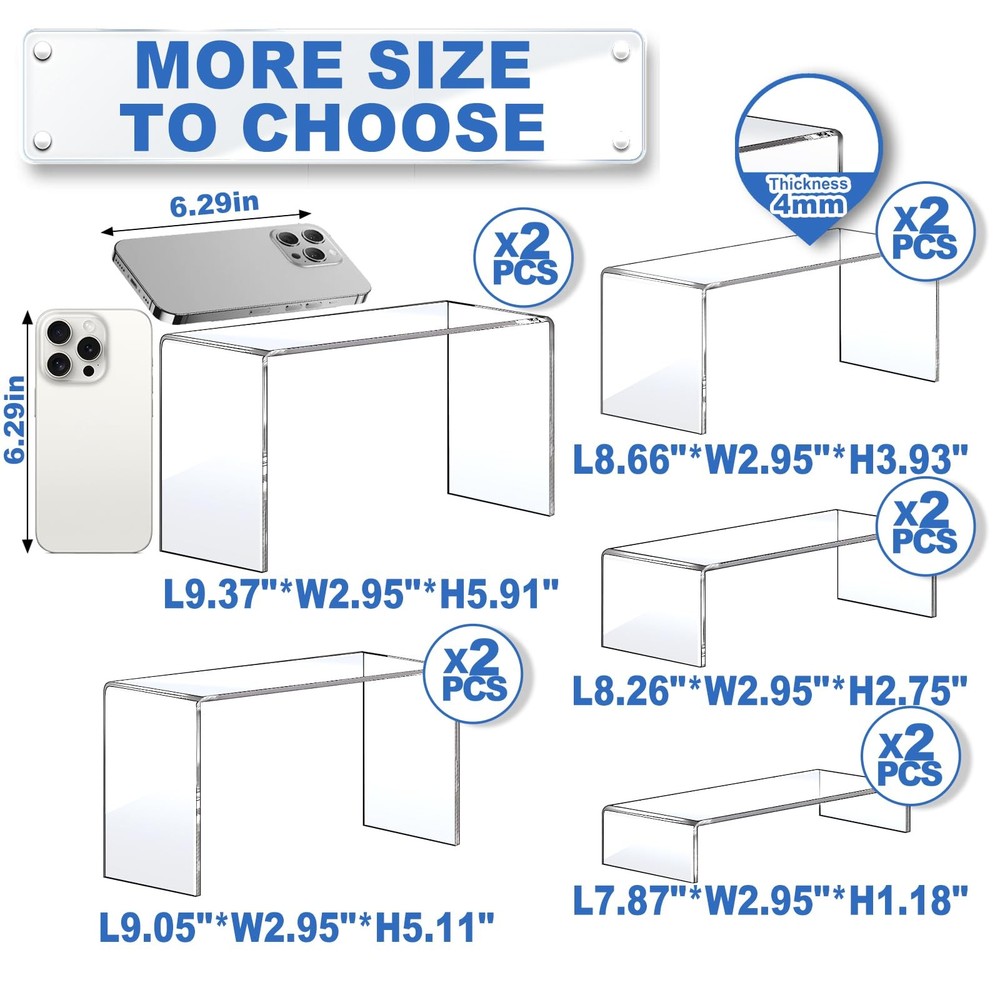 Large Acrylic Risers, 10 Pcs 2 Set(7”L~8”L~9”L) Riser Display Shelf, Clear Re...