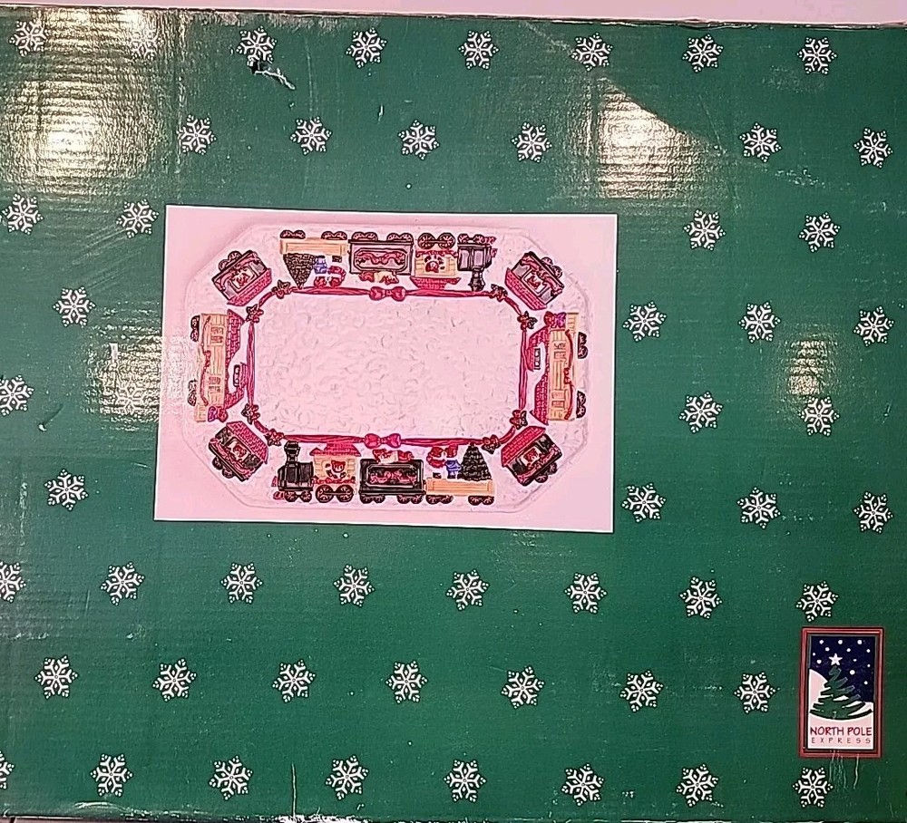 North Pole Express 16" Rectangular Platter With Bear Riding Trains Design. New