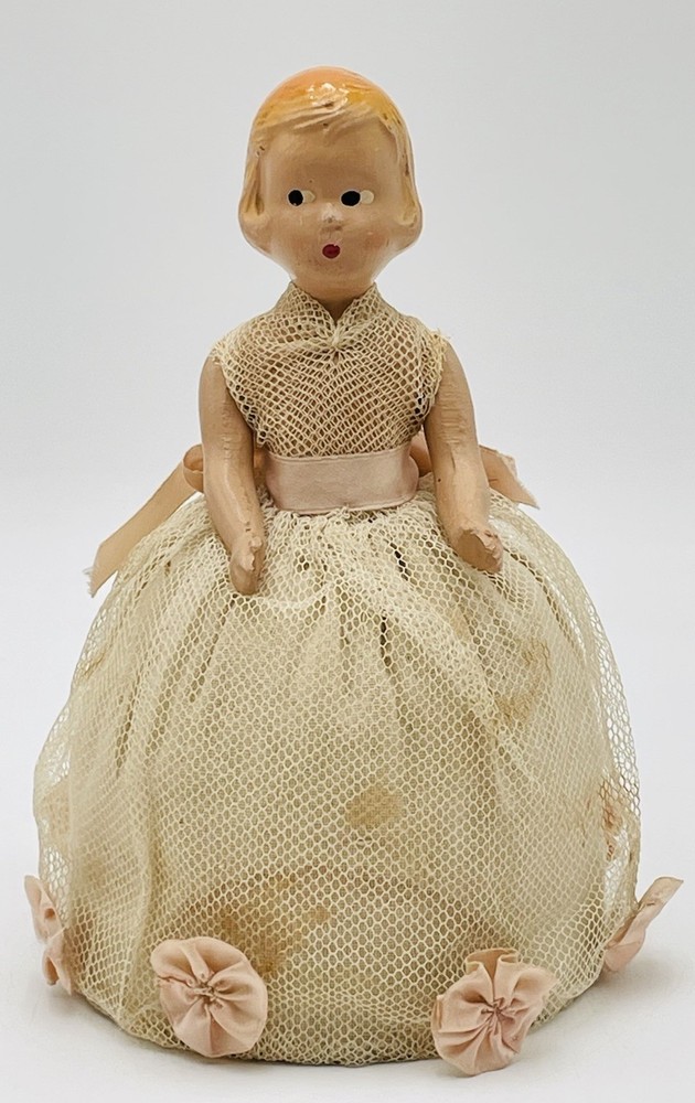 Vintage Composition Half Doll Sewing Pin Cushion Doll Vanity Accessory 7" Tall