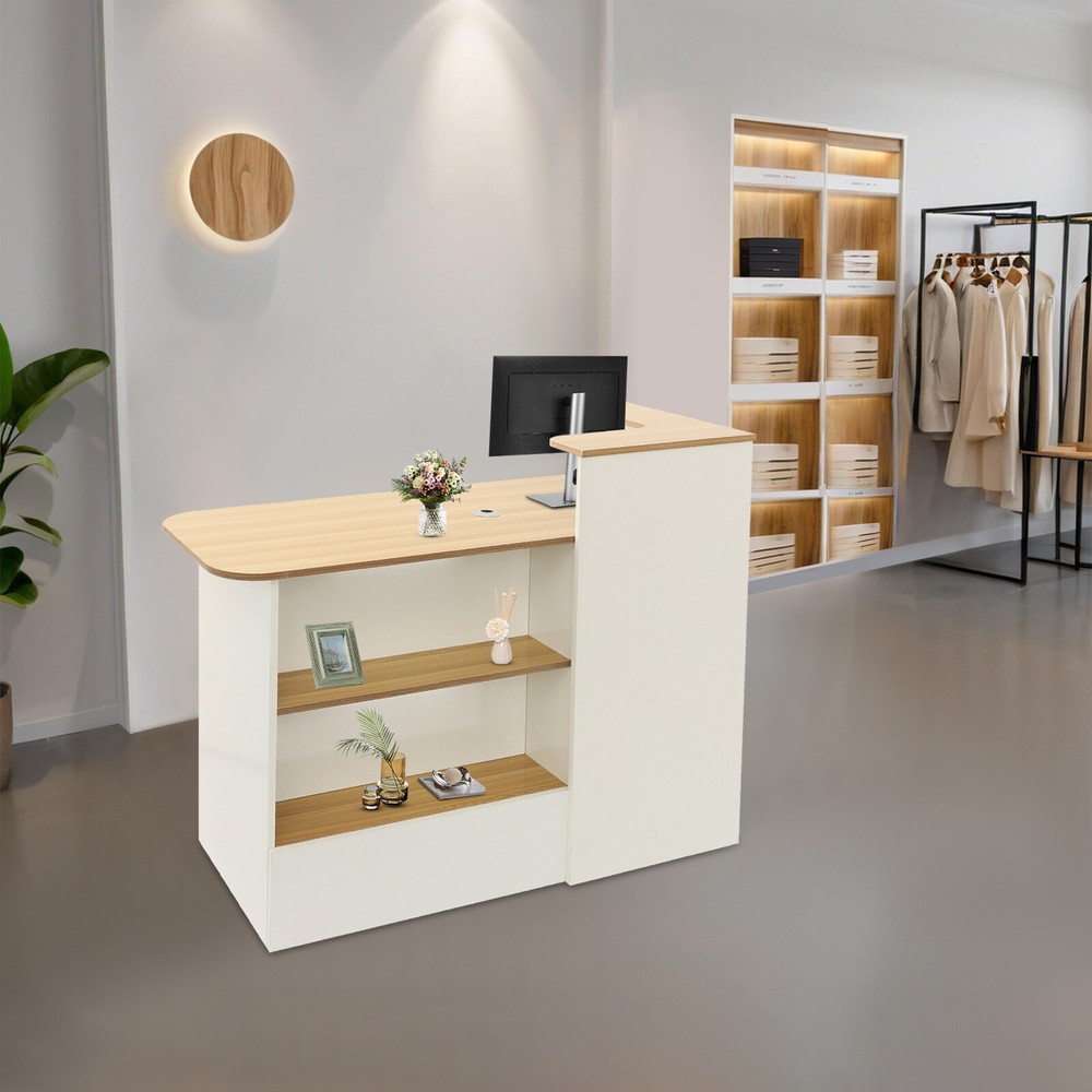 Reception Desk Rectangular Modern Reception Counter Table w/ Lockable Drawer