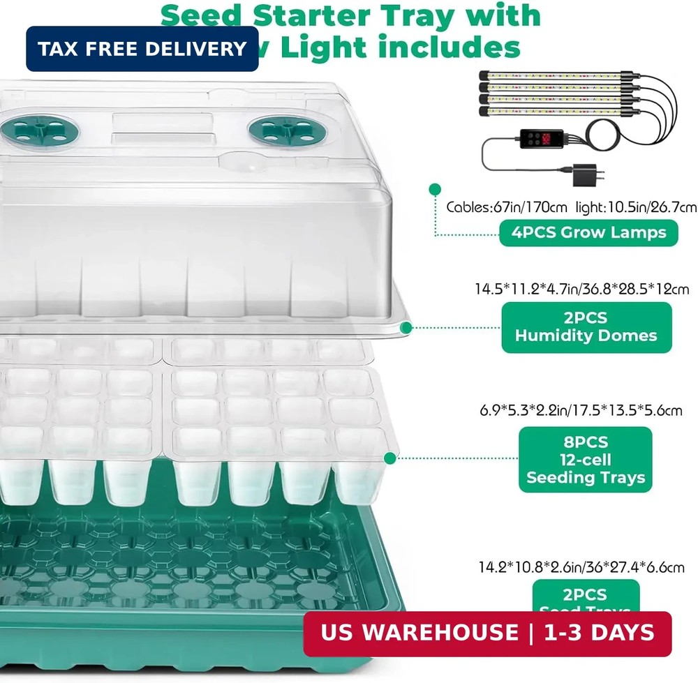 Seed Starter Tray with Grow Light, 96-Cell Seed Starter Kit, Seedling Starter Tr