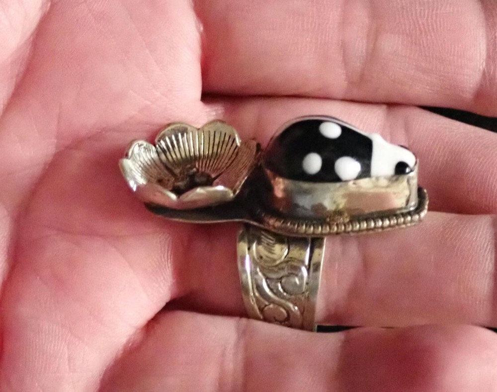 Ladybug with Flower Ring Adjustable Tibetan silver