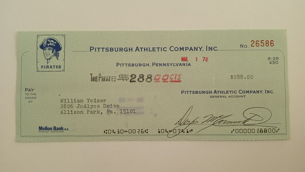 William Yeiser: 1978 Pittsburgh Pirates Expense Check