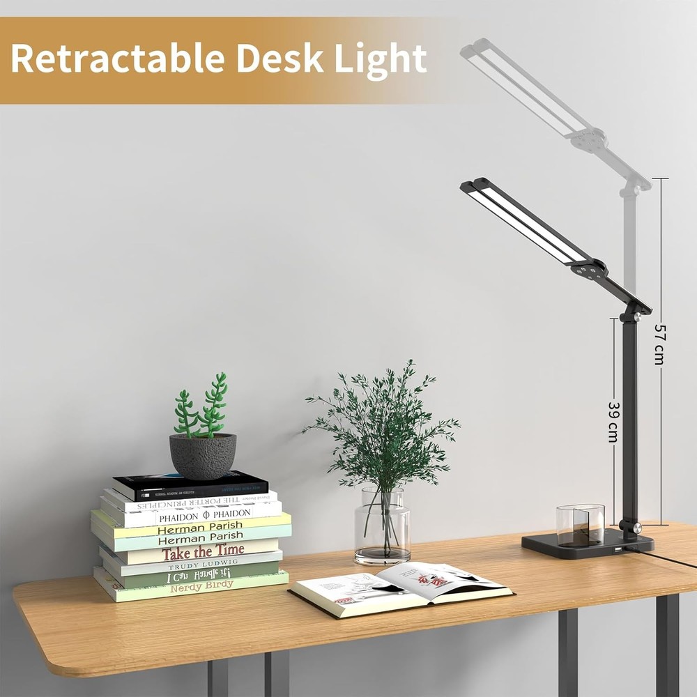 LED Desk Lamp with Dual Heads, Height Adjustable for Reading, Work, Study