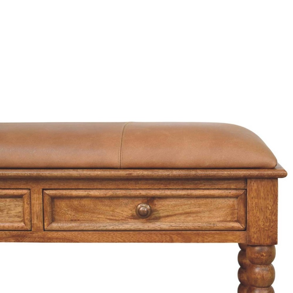 Leather Spindle Storage Bench - Amber Oak