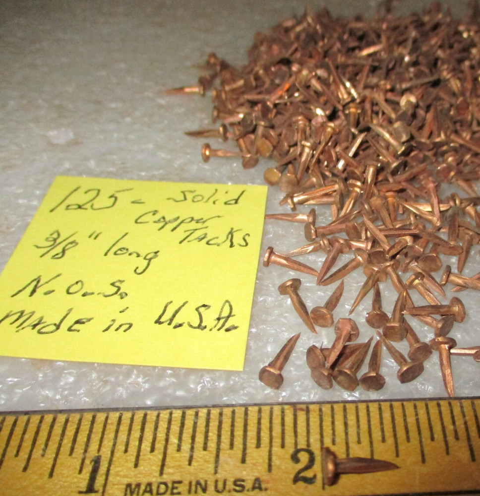 125--VINTAGE 3/8” LONG SOLID COPPER TACKS sharp point's 5/32” WIDE HEAD, NOS-USA