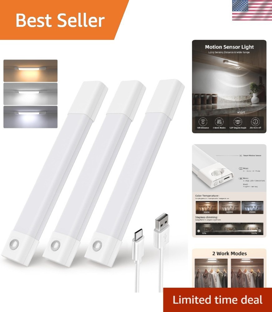 3-Pack LED Under Cabinet Lights, Rechargeable Motion Sensor, 3 Color Dimmable...