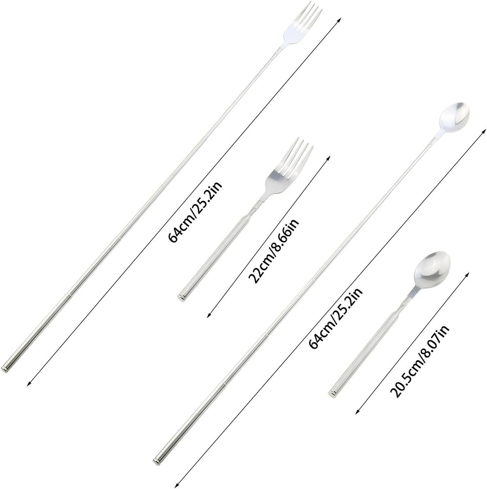 Telescopic Fork and Spoon Set Stainless Steel Long Extender Dinner Extends...