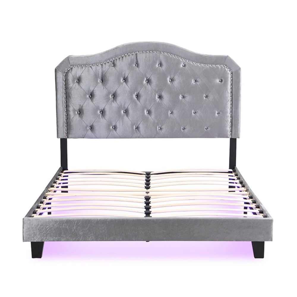 Queen Size Bed Frame Upholstered Platform Bed w/ LED Lights Black/Light Gray